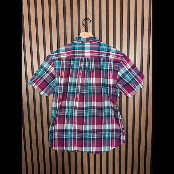 Old Navy Shirt Medium Blue Pink Check Plaid Short Sleeve Button Oxford Slim Fit - Picture 2 of 7
